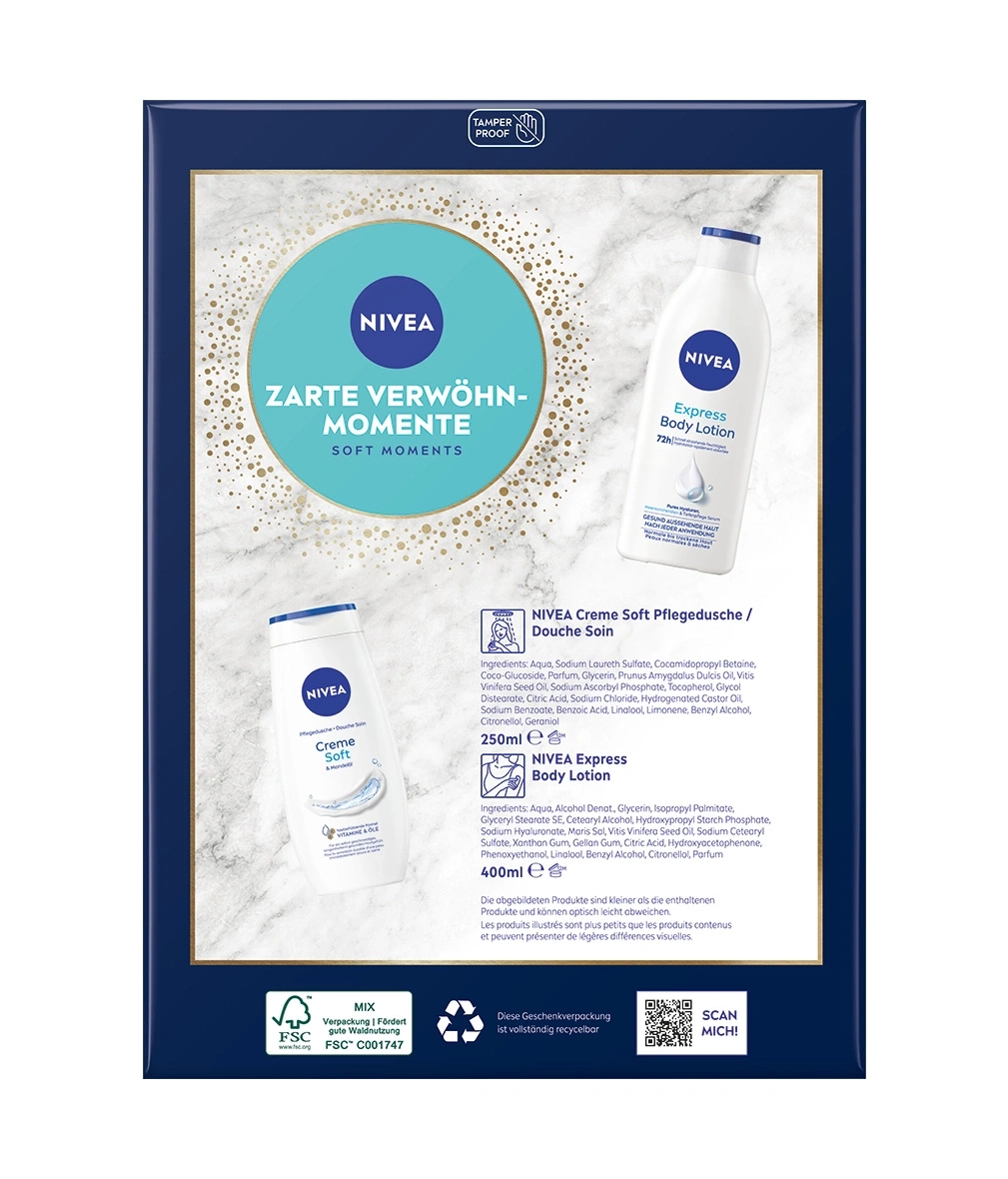 NIVEA Zarte Verwöhn-Momente Soft Moments Geschenkset mit Body Lotion und Duschgel.