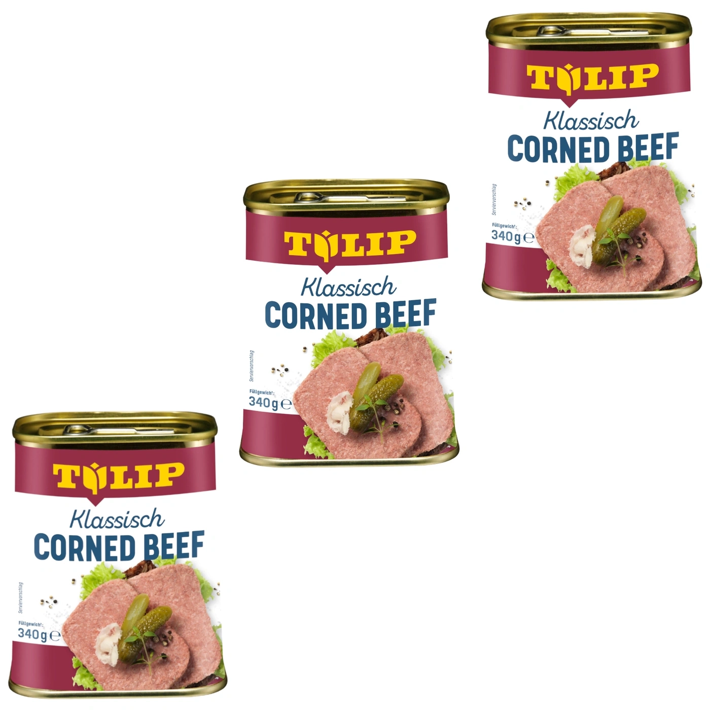 Drei Dosen Tulip Klassisches Corned Beef mit Serviervorschlag und 340g Füllgewicht.