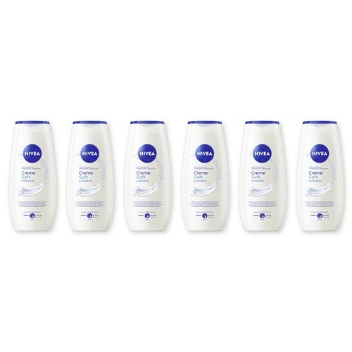 Sechs Nivea Creme Soft Duschgel Flaschen mit Mandelöl.