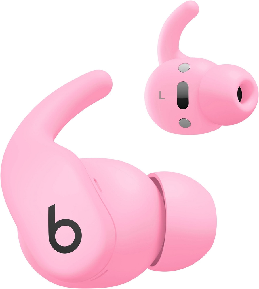 Pinke Beats Kopfhörer, links und rechts, mit 'b' Logo auf der linken Seite.