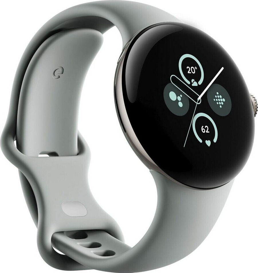 Eine graue Google Pixel Smartwatch mit einem runden Zifferblatt.