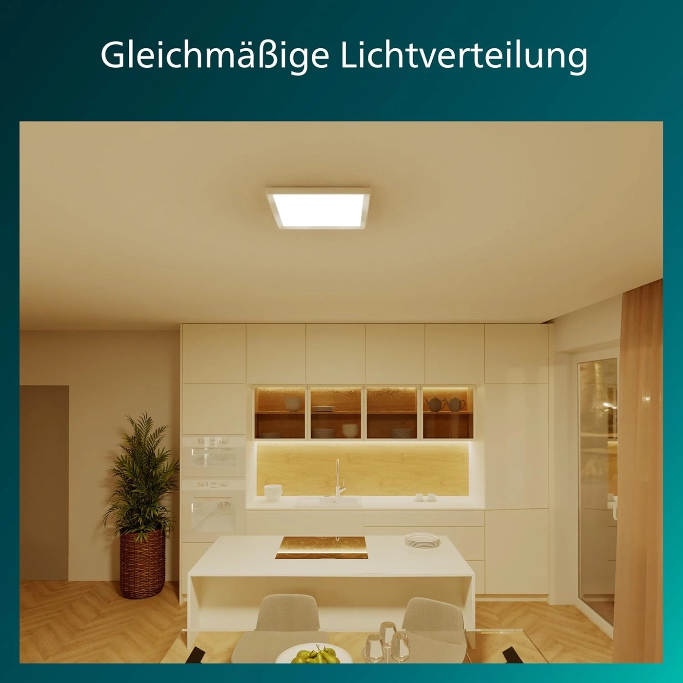 Eine moderne Küche mit gleichmäßiger Lichtverteilung von oben.