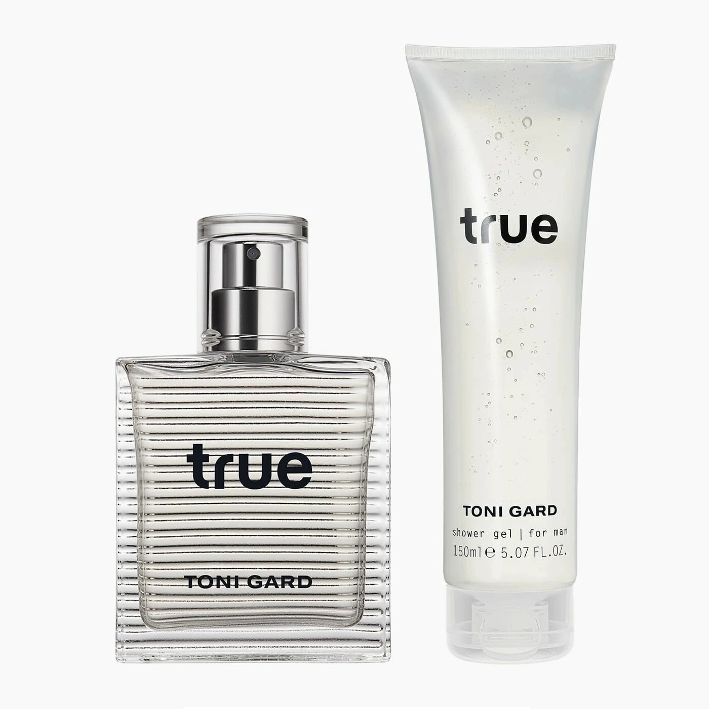 True-Parfüm und Duschgel von Toni Gard für Männer, weißer Hintergrund