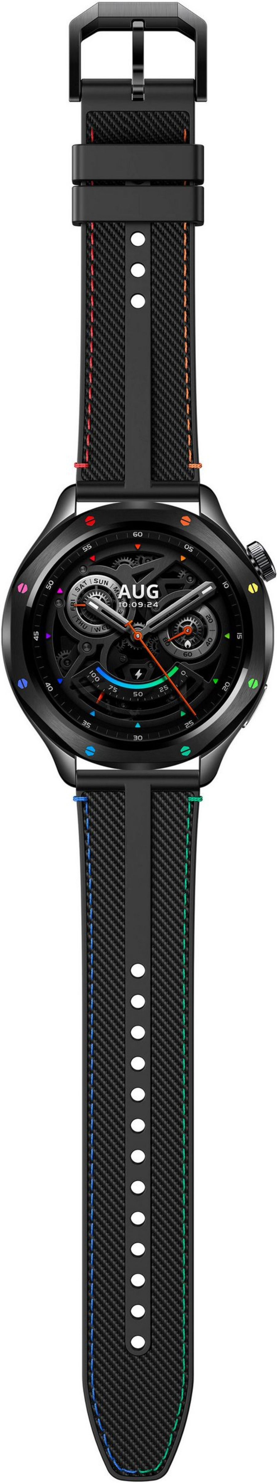 Schwarze Smartwatch mit farbigen Akzenten und einem Zifferblatt, das das Datum und die Uhrzeit anzeigt.