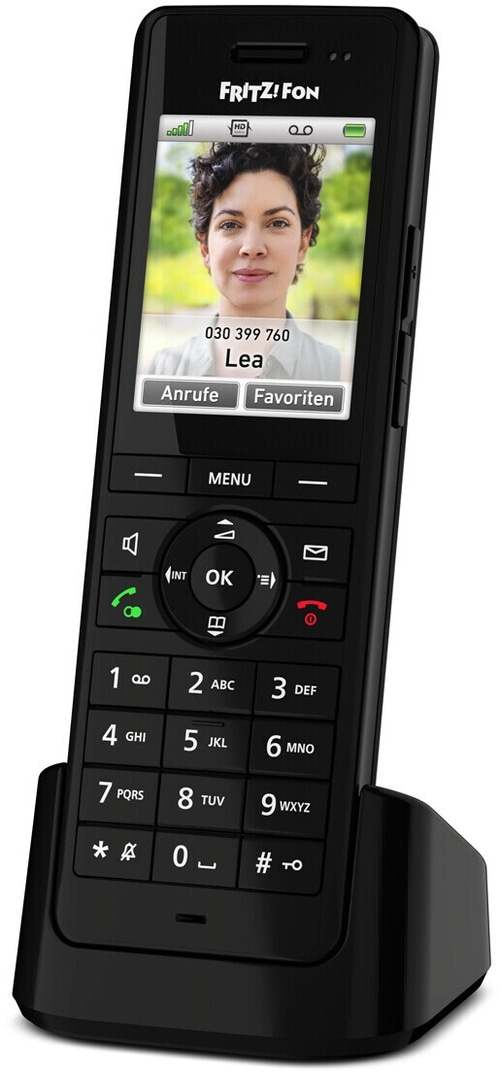 FRITZ!Fon-Telefon mit Display, Anrufe, Favoriten, Menü, Zifferntasten, Lea, Telefonnummer.