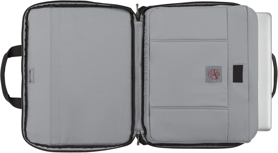 Wenger Laptoptasche, grau, offen, mit Laptop, Reißverschluss, Griff, Checkpoint Friendly