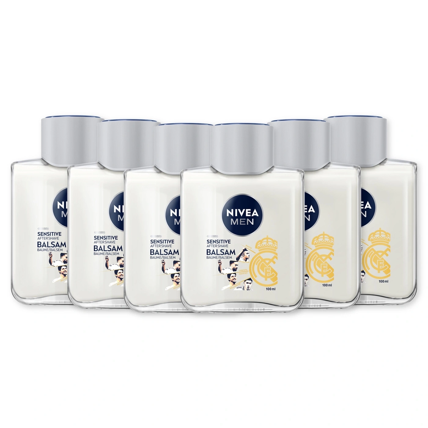 Sechs Flaschen Nivea Men Aftershave Balsam mit Real Madrid Spielern.
