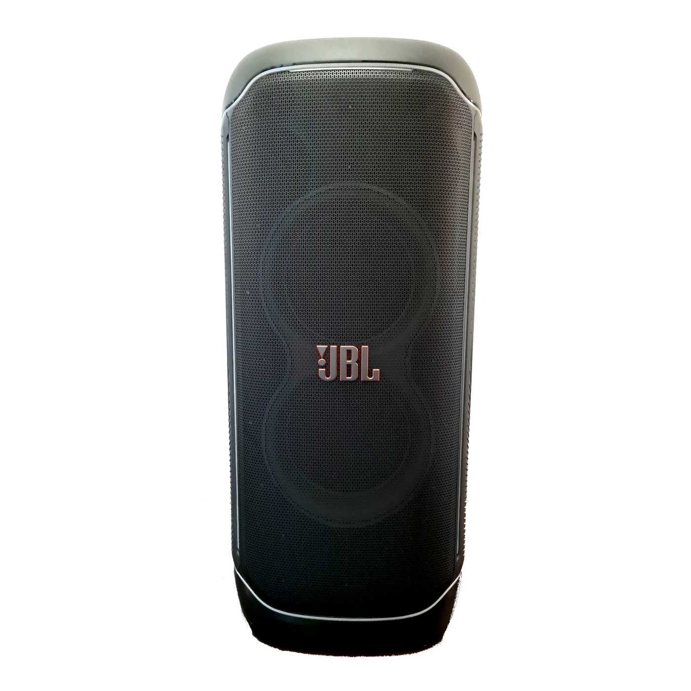 Schwarzer JBL-Lautsprecher mit Lautsprechergitter und JBL-Logo.