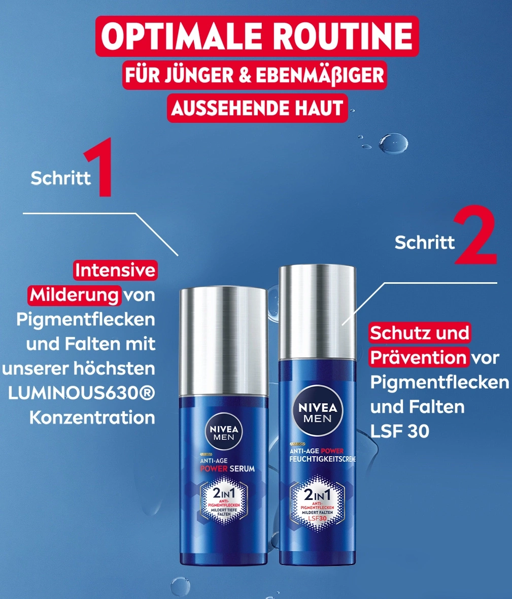Nivea Men Hautpflege Routine: Schritt 1 Serum, Schritt 2 Feuchtigkeitspflege mit LSF30