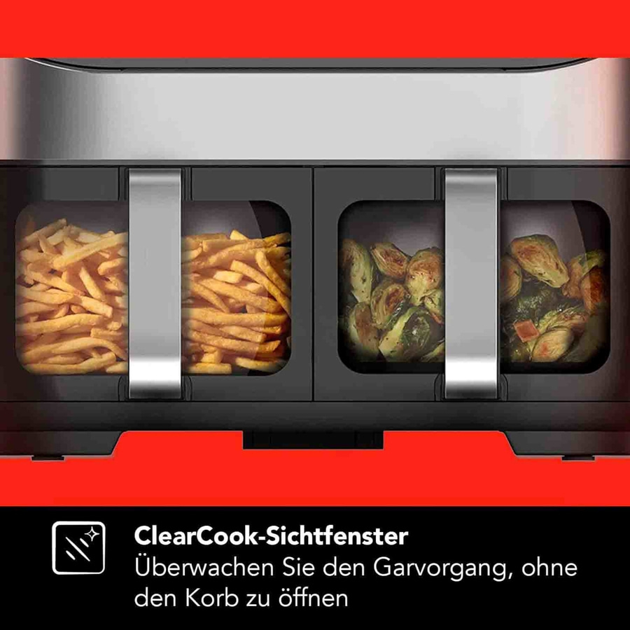 Heißluftfritteuse mit Sichtfenster, Pommes und Rosenkohl