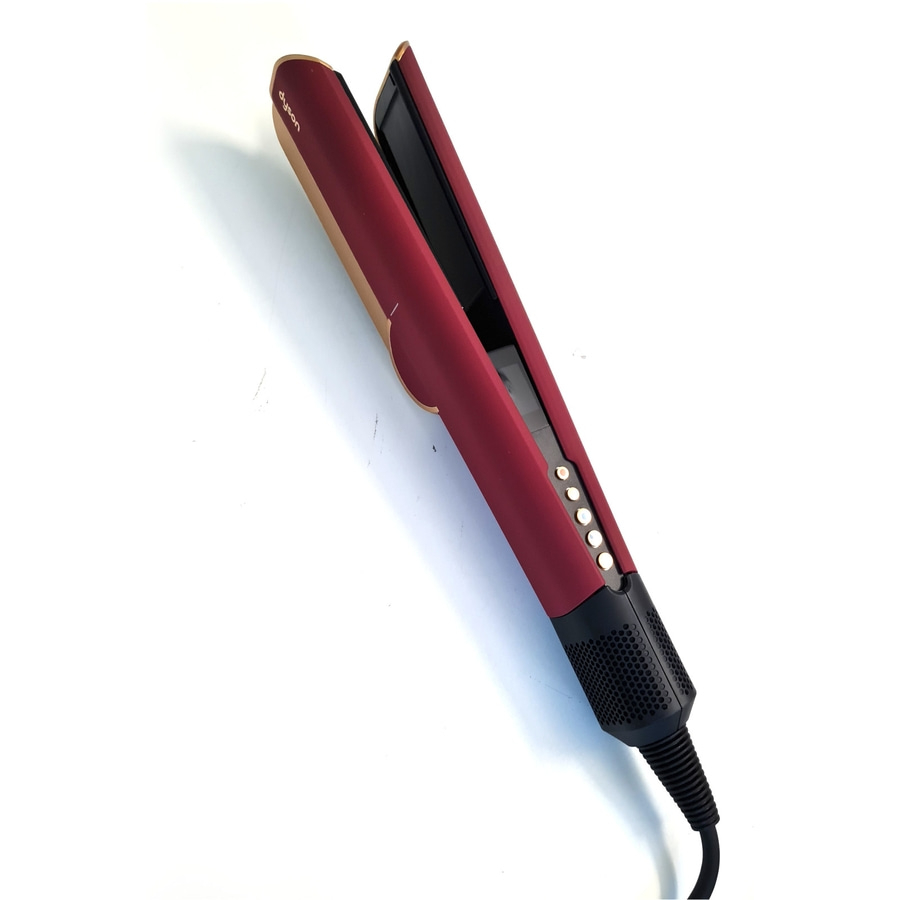 Roter Dyson Haarglätter mit goldenen Akzenten und schwarzen Bedienelementen