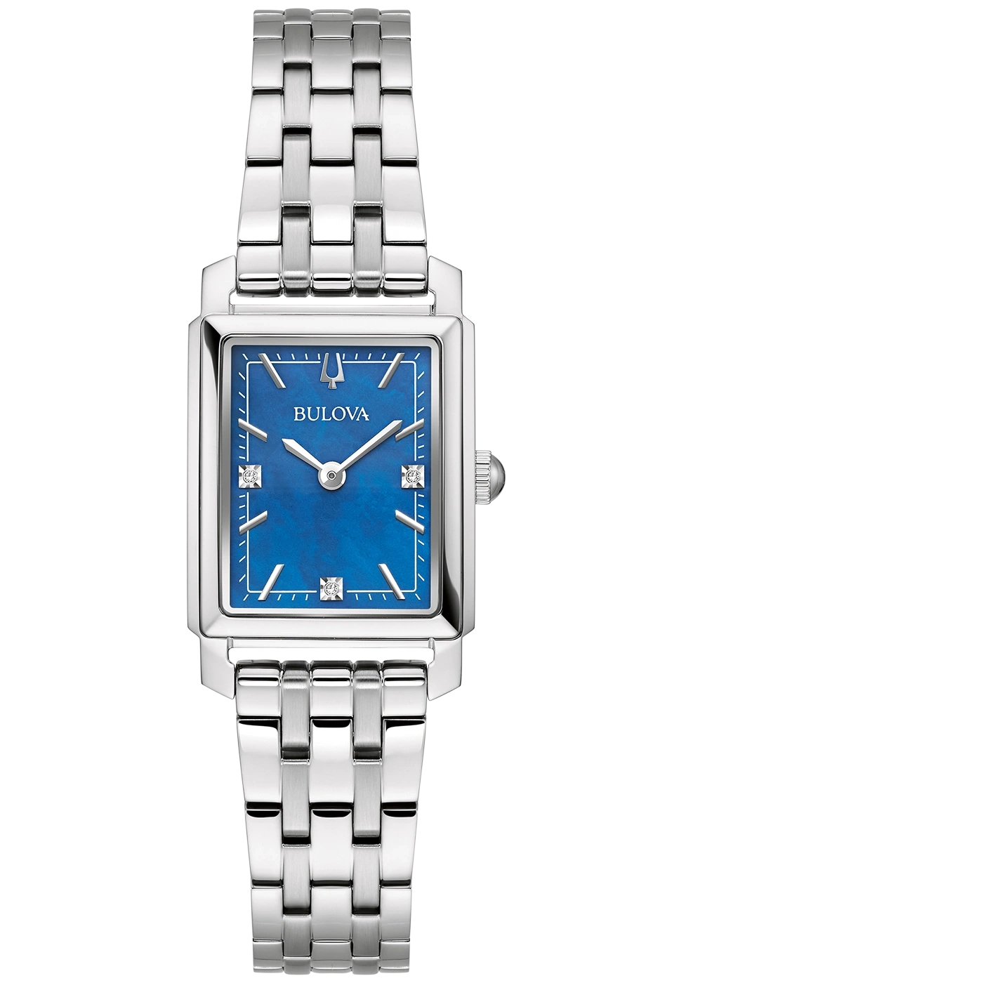 Bulova Damenuhr mit blauem Zifferblatt und silbernem Armband, rechteckig