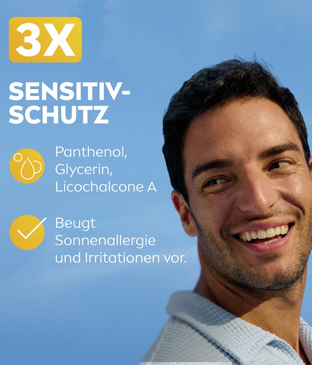 3X Sensitiv-Schutz mit Panthenol, Glycerin, Licochalcone A beugt Sonnenallergie und Irritationen vor.