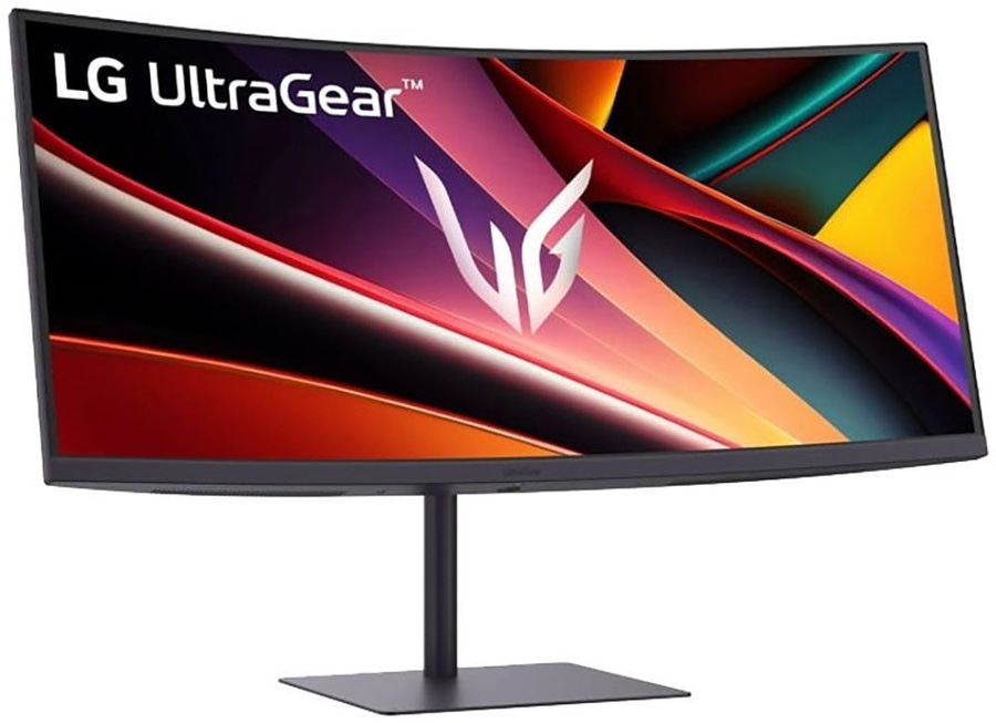 Ein LG UltraGear gebogener Gaming-Monitor mit lebendiger Hintergrundgrafik.