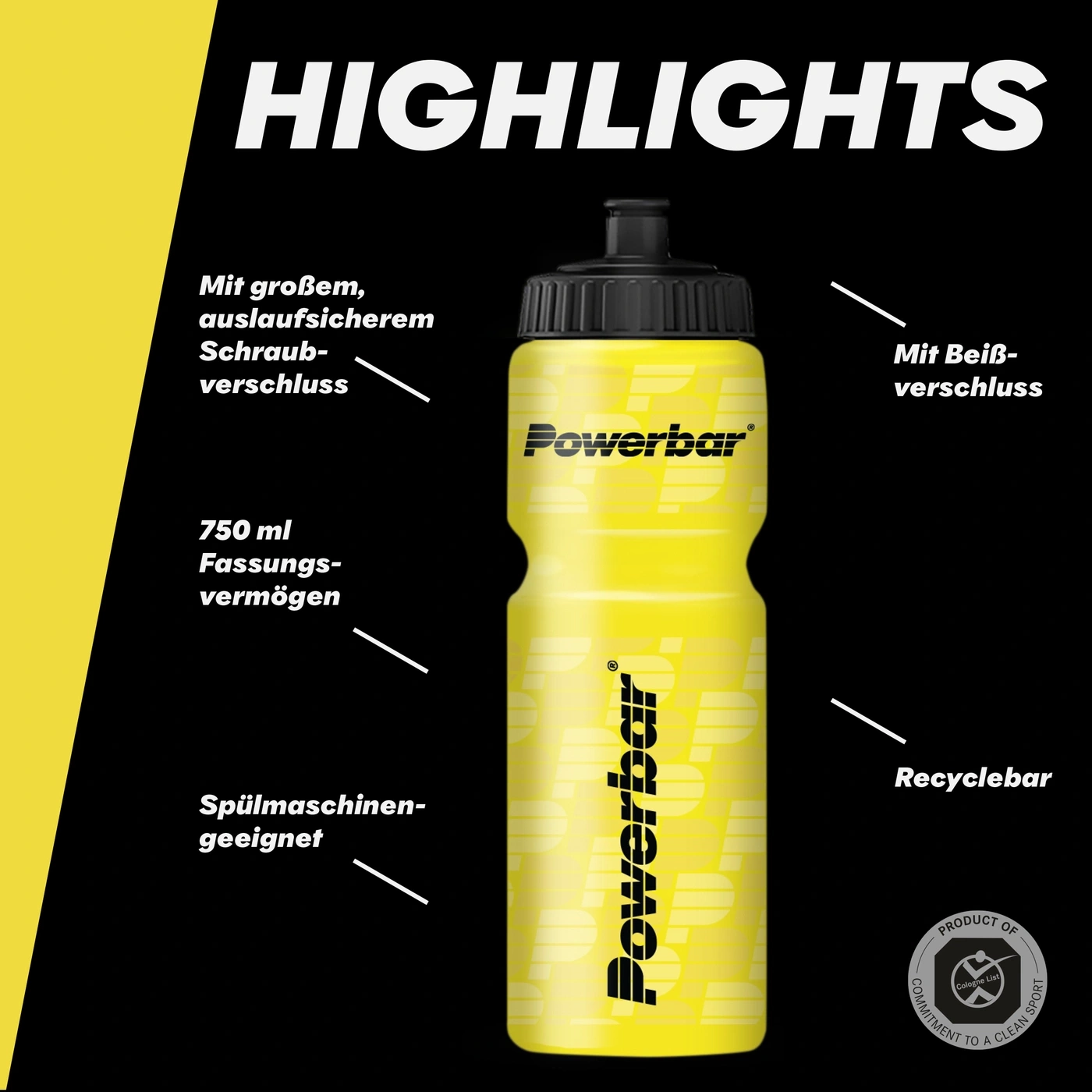 Gelbe Powerbar Trinkflasche mit Highlights und Produktinformationen.