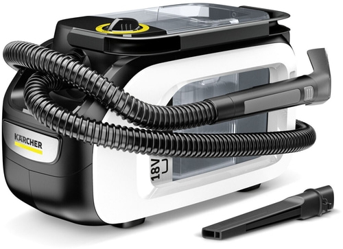 Kärcher-Reiniger, schwarz-weiß, mit Schlauch und Düse, 18V-Batterie.