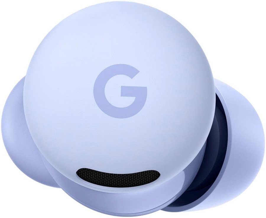 Google Pixel Buds Pro in Himmelblau mit Google-Logo und schwarzem Lautsprechergrill.
