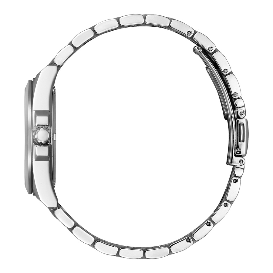 Silberne Uhr mit Armband, Seitenansicht, Detailaufnahme, isoliert auf Weiß