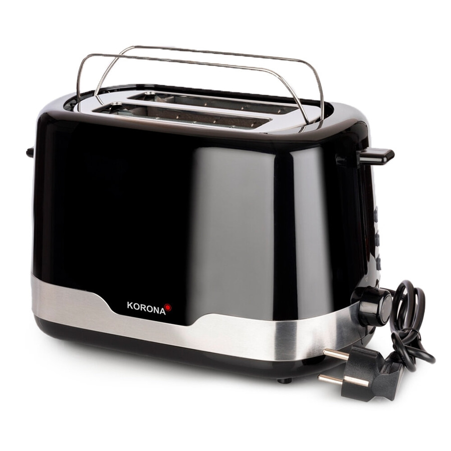 Schwarzer Toaster mit silbernen Akzenten und dem Markennamen Korona.
