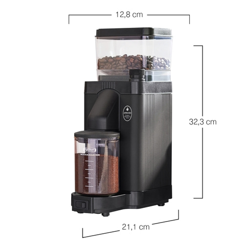 Kaffeemühle, schwarz, mit Maßen: 12,8 cm, 32,3 cm, 21,1 cm, Kaffeebohnen
