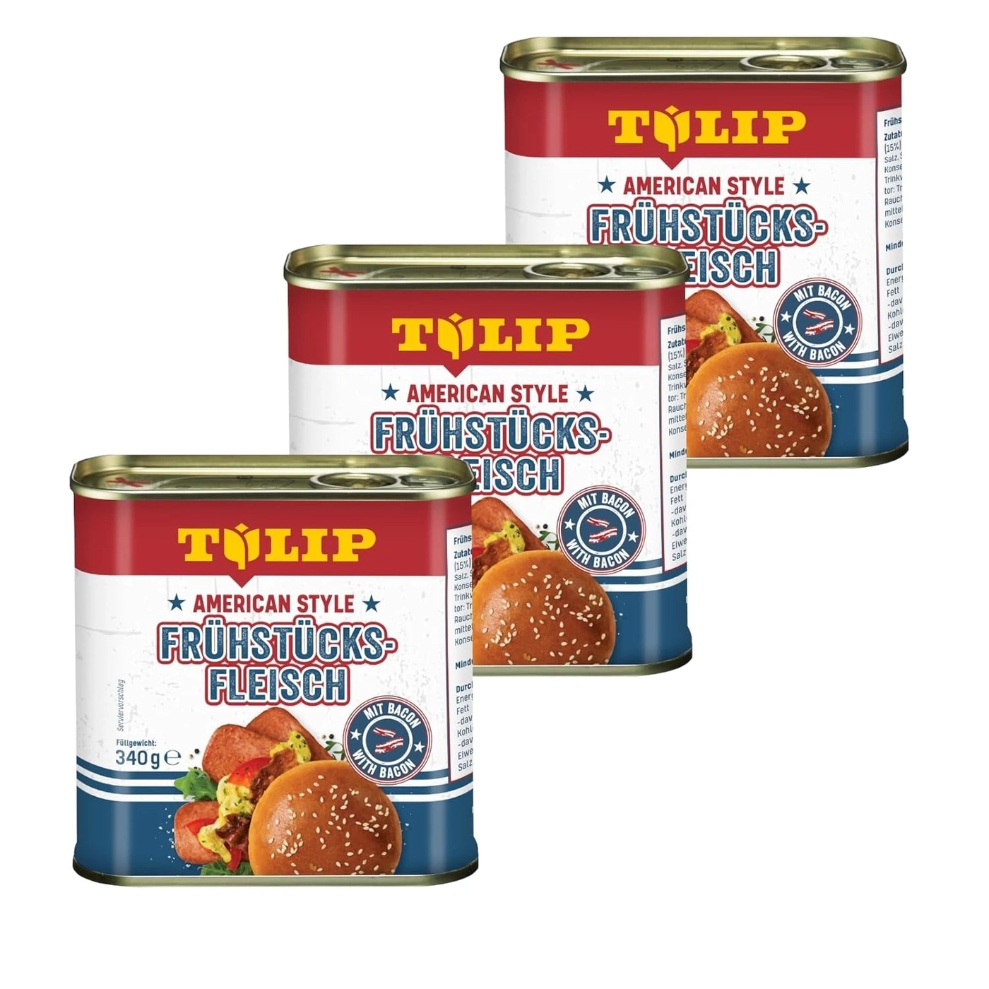 Drei Dosen Tulip Frühstücksfleisch mit Bacon, amerikanischer Stil.