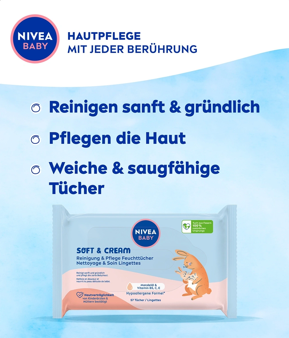 Nivea Baby Feuchttücher: Reinigen sanft, pflegen die Haut, weiche Tücher. Hautverträglichkeit bestätigt.