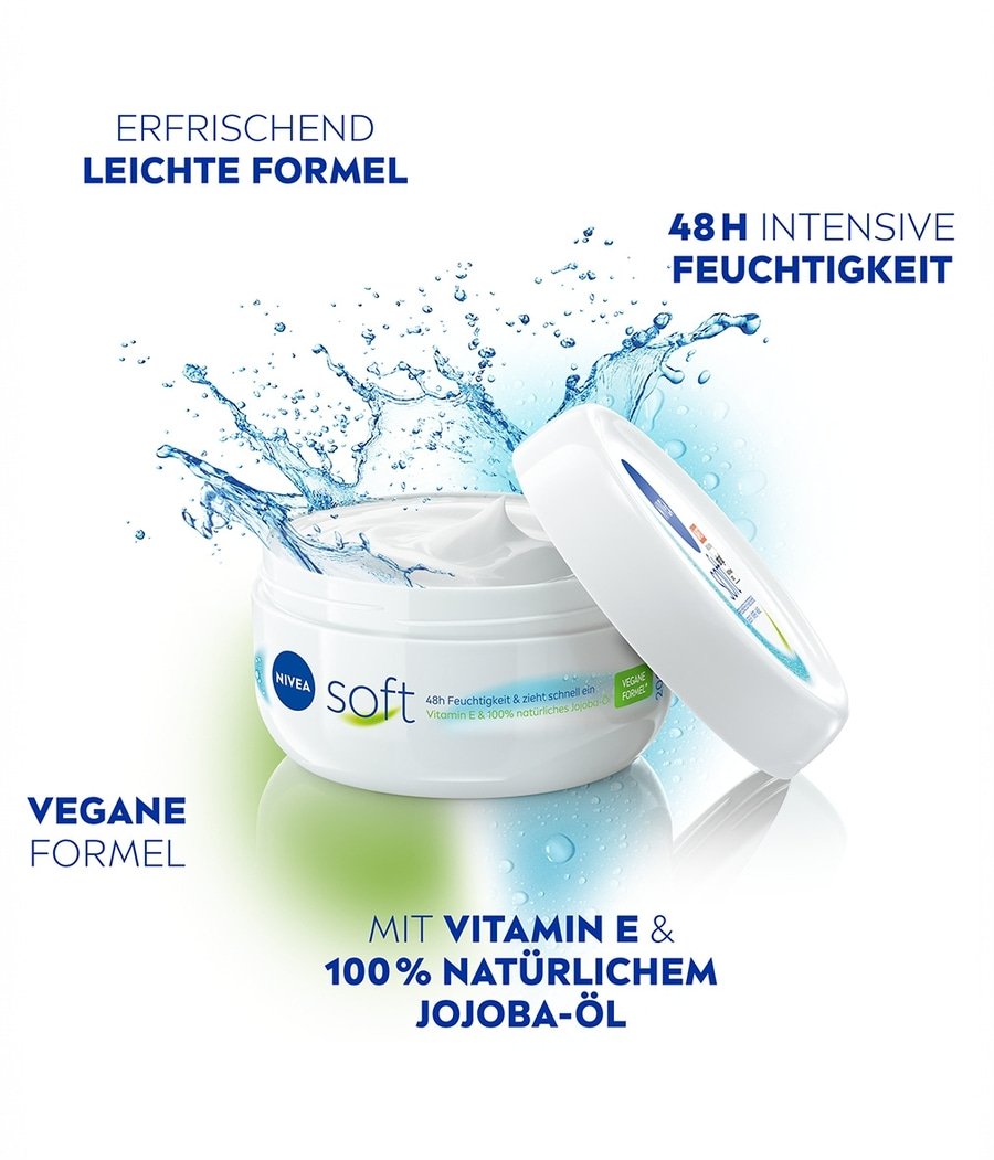 Nivea Soft Creme mit Vitamin E und Jojoba-Öl, vegane Formel, 48h Feuchtigkeit.