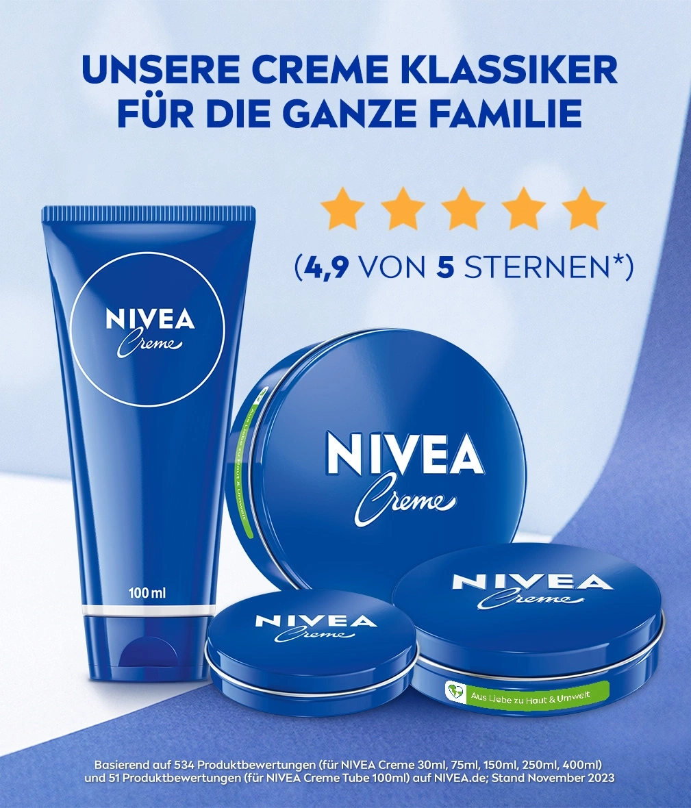 Nivea Creme Produkte, Bewertung 4.9 von 5 Sternen, für die ganze Familie.