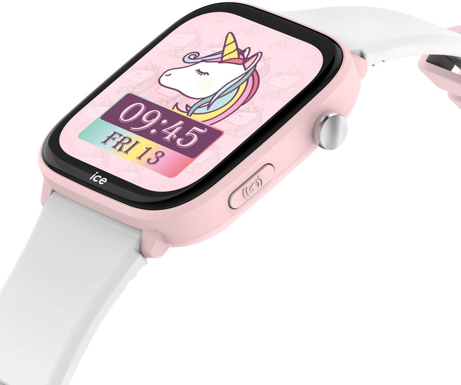 Ein pinkfarbenes Smartwatch mit einem Einhorn-Zifferblatt und der Zeit 09:45.