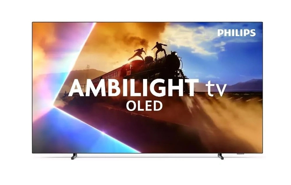 Ein Philips Ambilight OLED Fernseher mit einem Zug und zwei Personen.