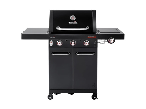 Schwarzer Gasgrill mit Deckel, Seitenablagen und Schranktüren. Char-Broil.