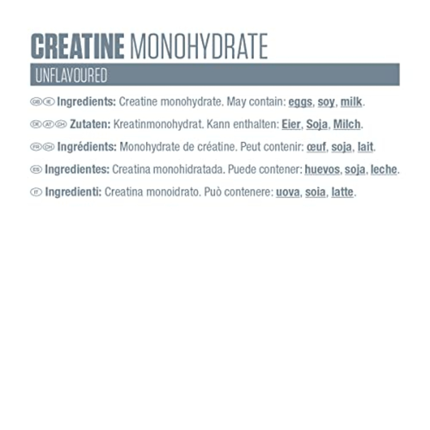 Kreatin-Monohydrat-Produkt, enthält Eier, Soja, Milch, unflavored.