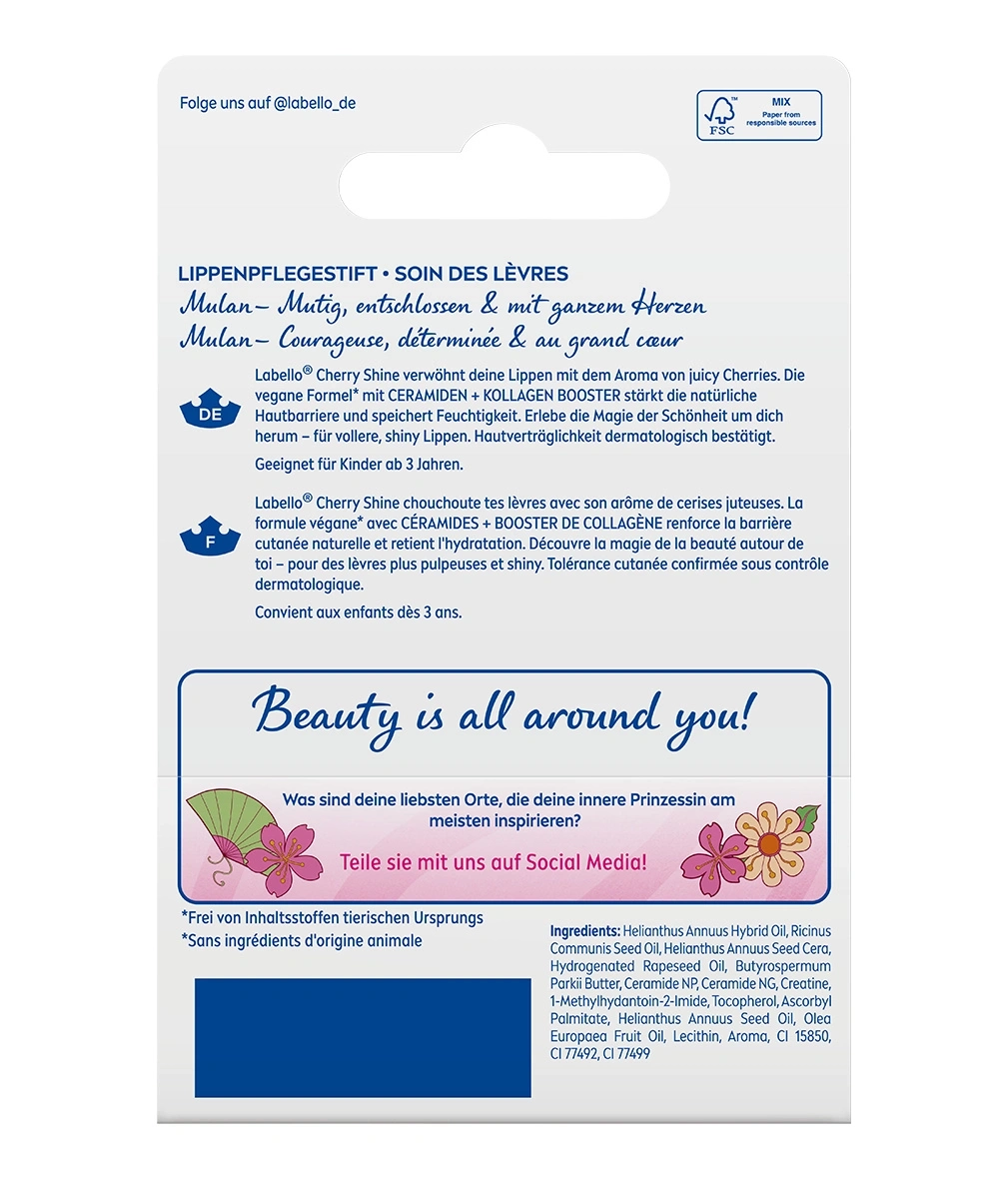 Rückseite einer Lippenpflege-Verpackung mit Produktbeschreibung und Inhaltsstoffen.
