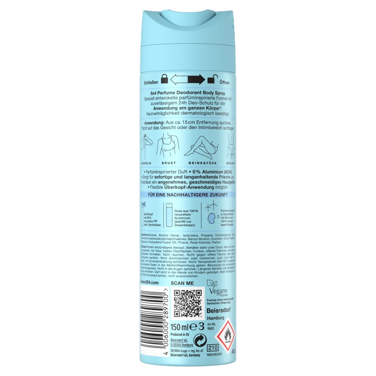 Eine Dose 8x4 Parfum Body Spray mit Anwendungshinweisen und Nachhaltigkeitsinformationen.