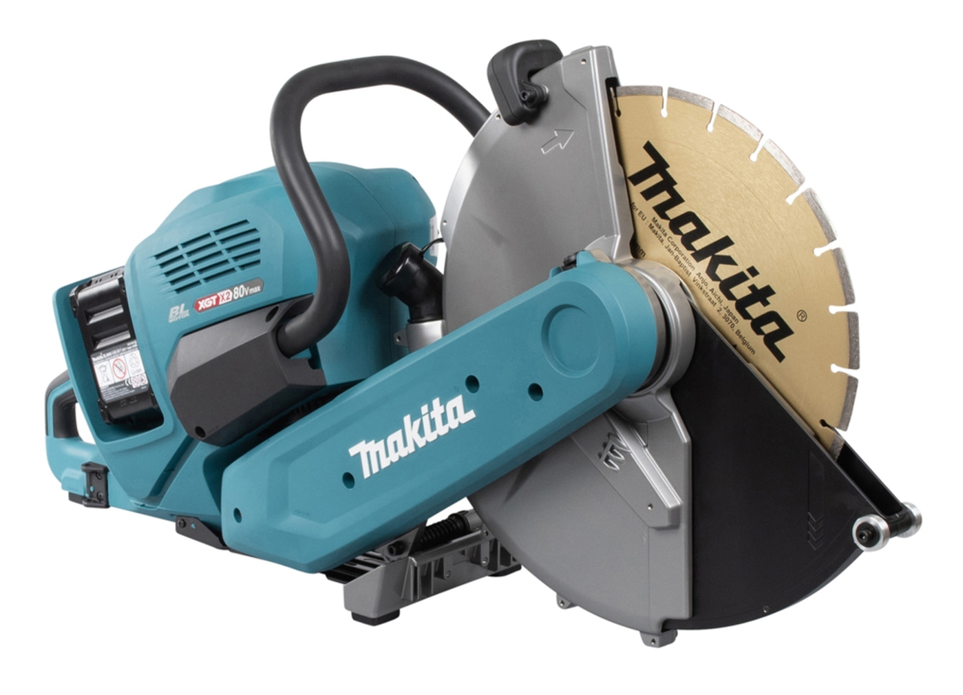 Makita Trennschleifer mit gelber Trennscheibe und blauem Gehäuse