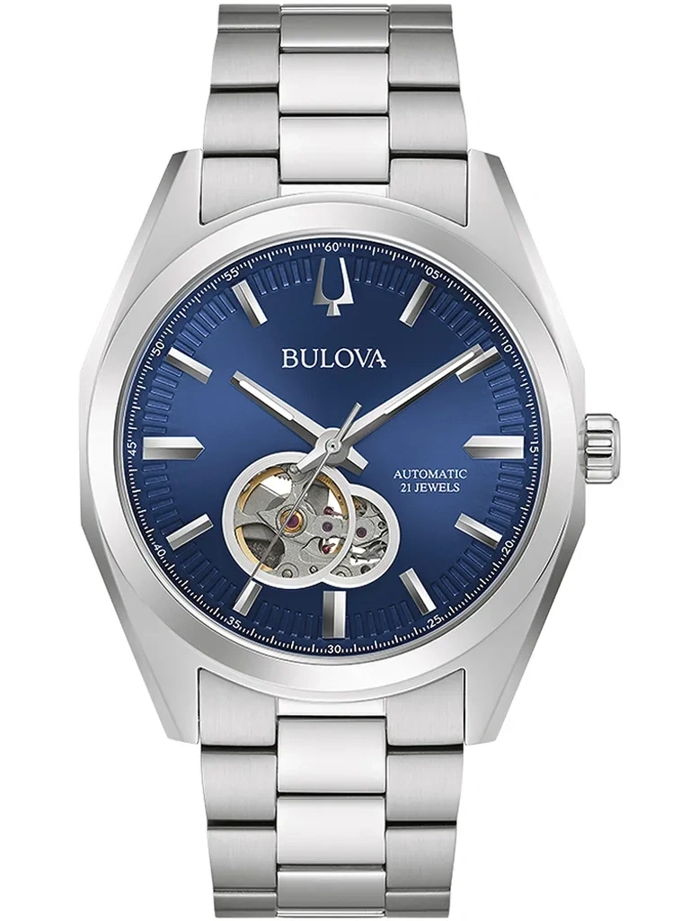 Bulova Herrenuhr mit blauem Zifferblatt und silbernem Armband, Automatik