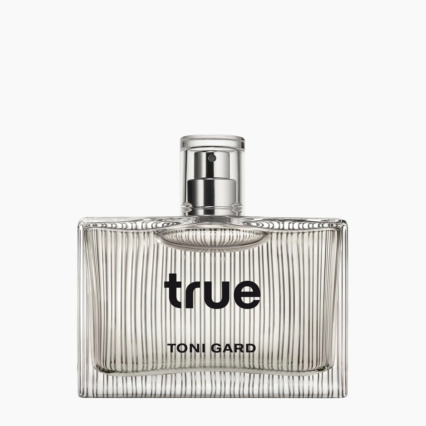 Parfümflasche mit dem Wort 'true' und dem Namen 'TONI GARD' auf weißem Hintergrund.
