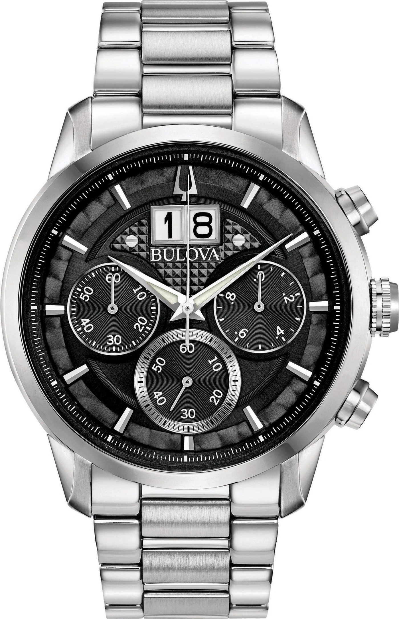 Bulova-Uhr mit schwarzem Zifferblatt, Datumsanzeige, Chronographen-Funktion und Edelstahlarmband.