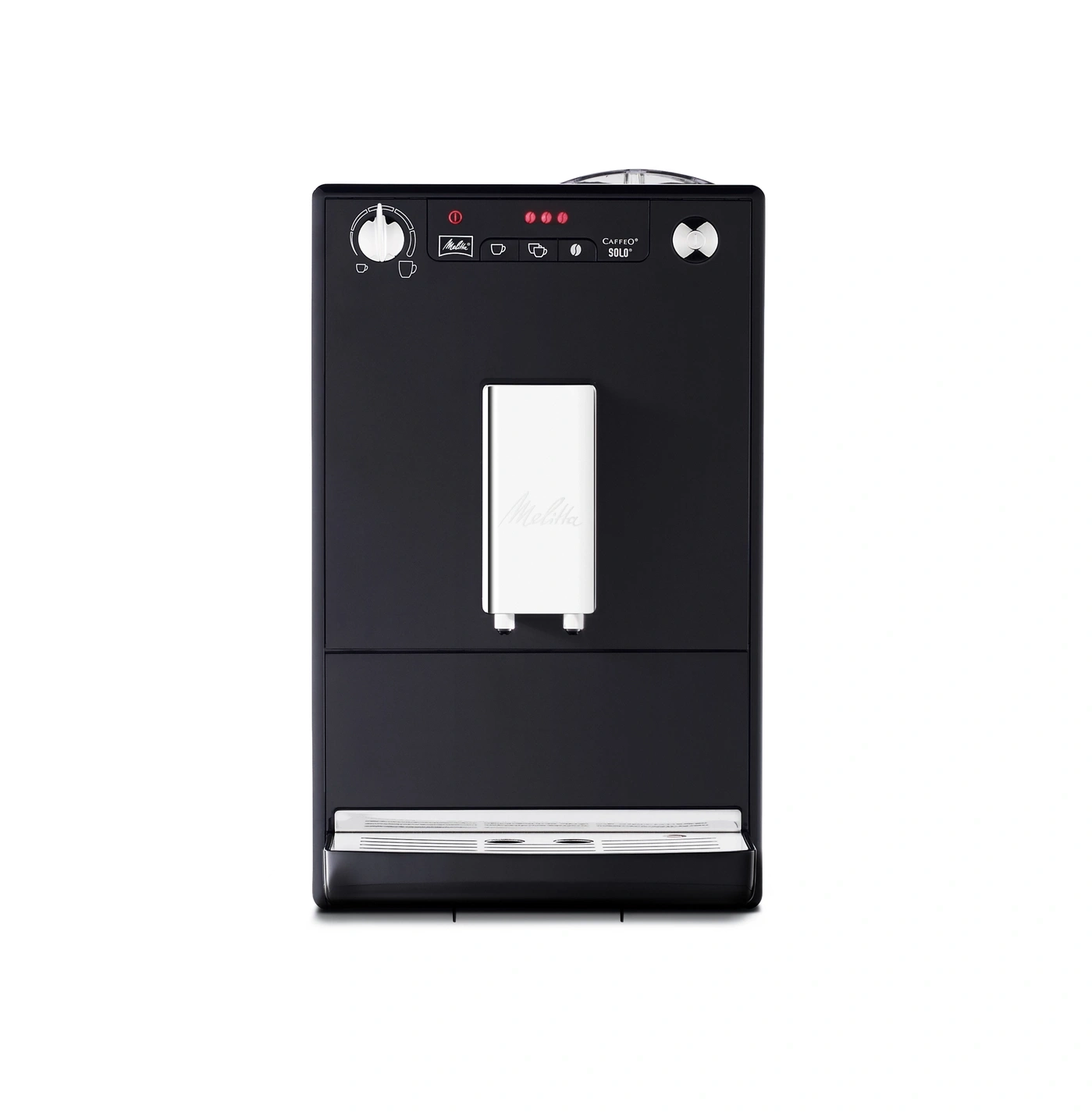 Schwarze Kaffeemaschine mit Bedienfeld und Melitta-Logo, isoliert auf weißem Hintergrund.