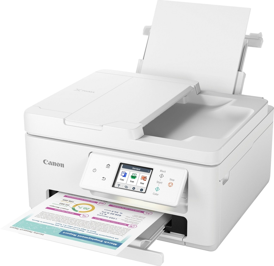 Canon-Drucker mit einem Bericht, der aus dem Drucker kommt, mit einem Bildschirm und Tasten.