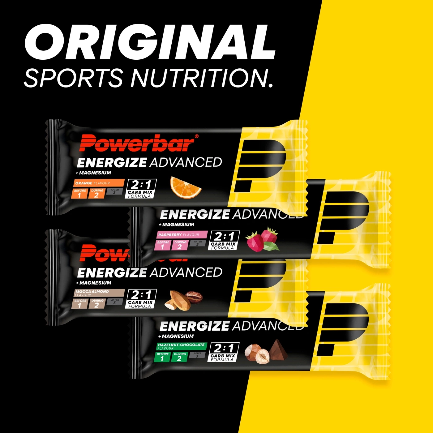 Powerbar Energize Advanced Riegel-Sortiment auf gelb-schwarzem Hintergrund.