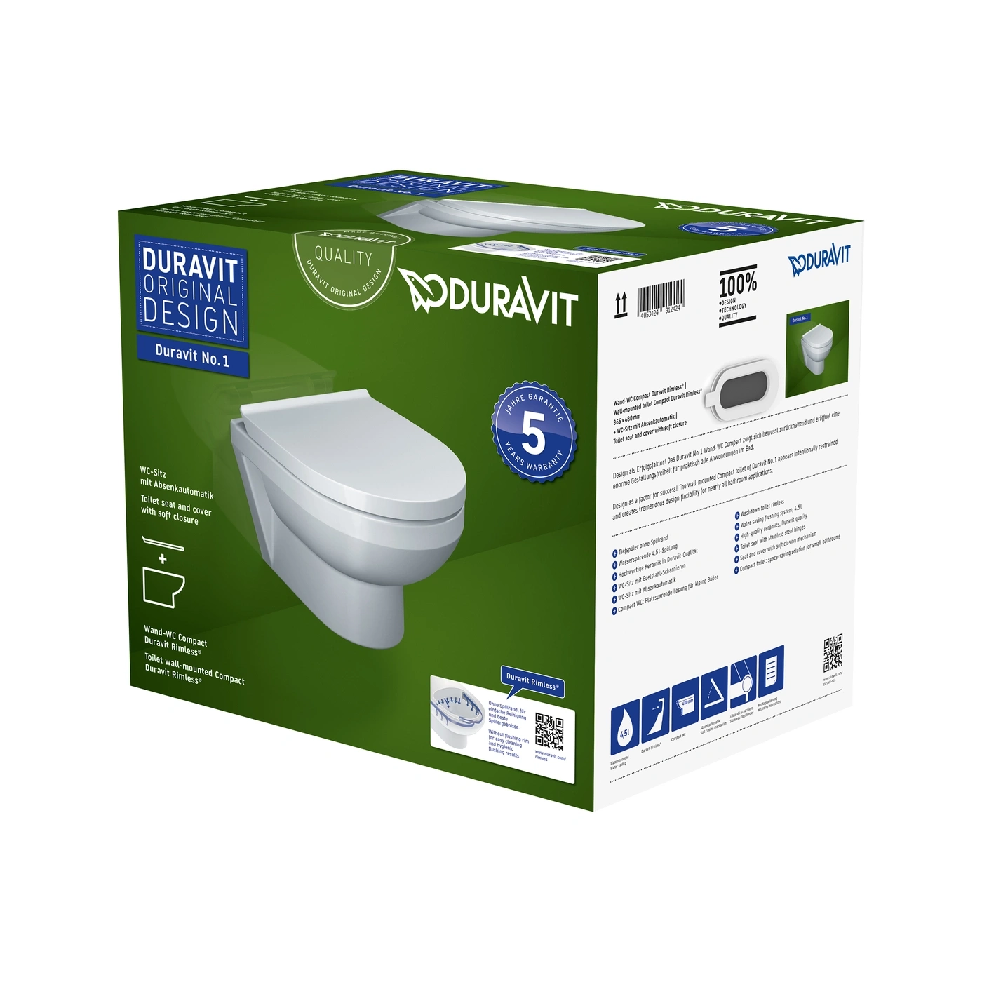 Duravit No.1 Wand-WC Compact mit WC-Sitz und Absenkautomatik, 5 Jahre Garantie
