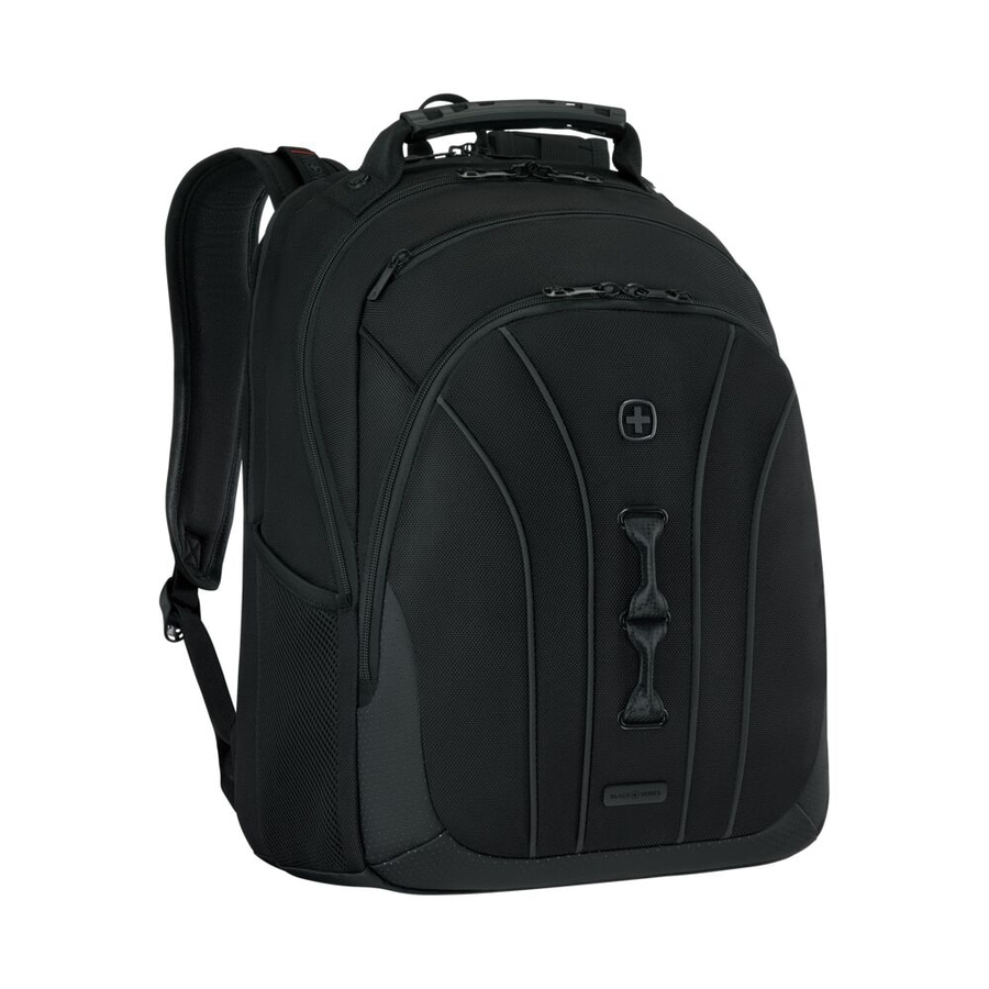 Schwarzer Rucksack mit Schweizer Kreuz, robust und stilvoll, ideal für den täglichen Gebrauch.