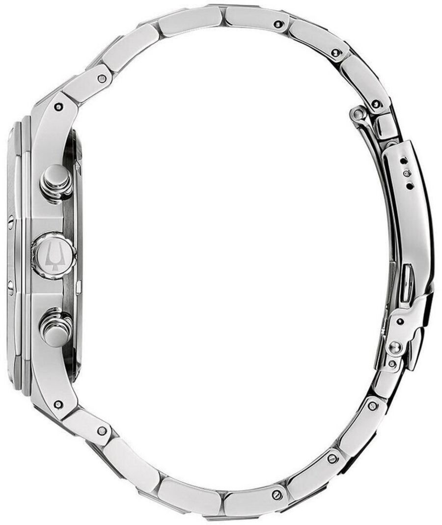 Seitenansicht einer silbernen Armbanduhr mit Metallarmband und Knöpfen
