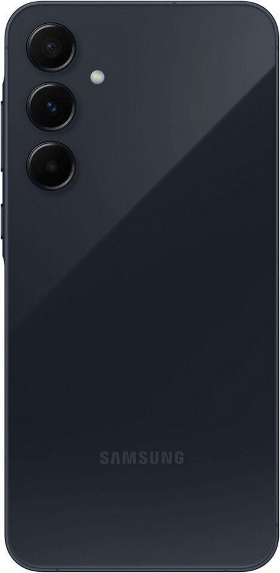Rückseite eines schwarzen Samsung-Smartphones mit drei Kameras und Blitzlicht.