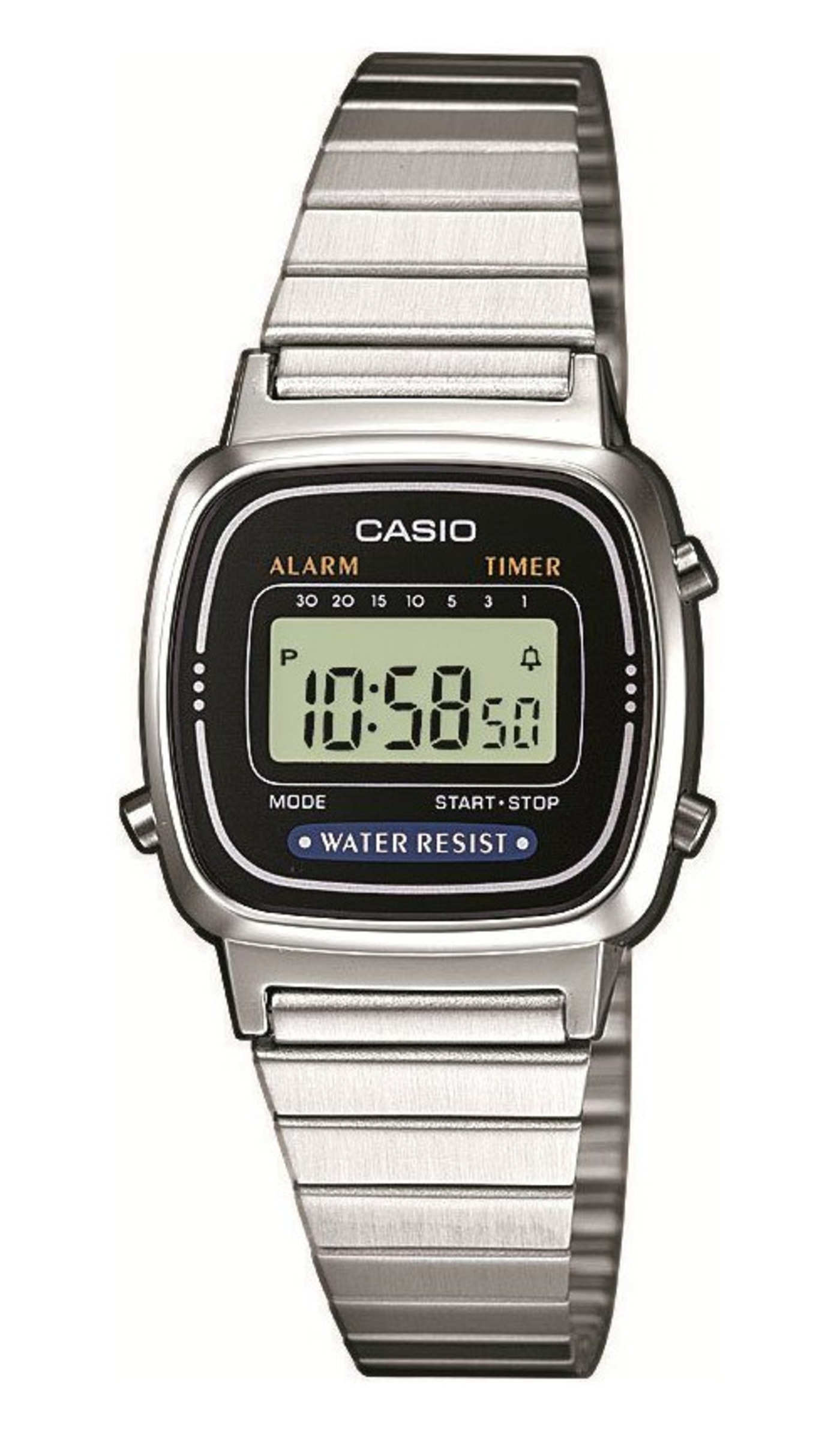 Casio Uhr, silbernes Armband, schwarzes Zifferblatt, Digitalanzeige, Wasserfest, Alarm, Timer