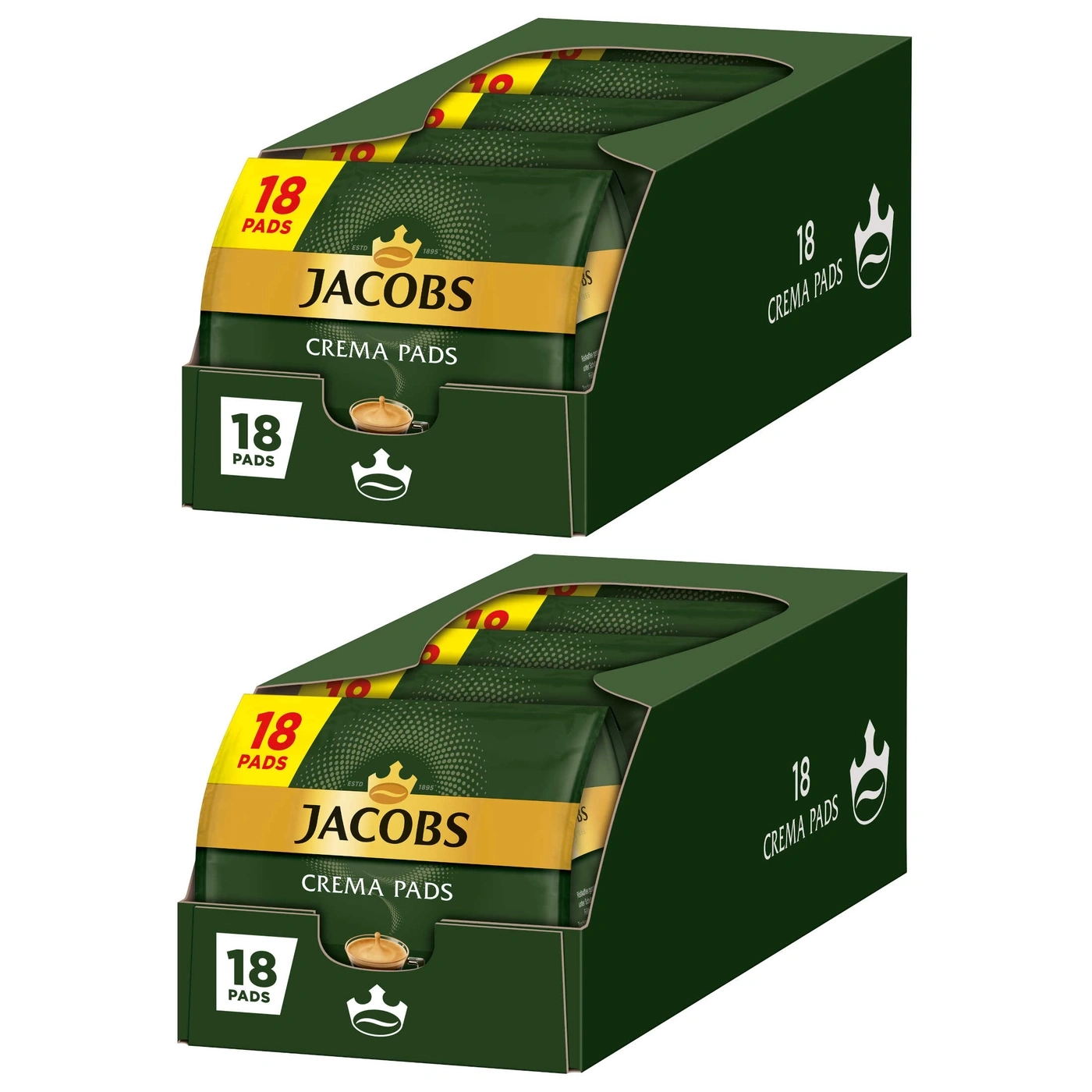 Zwei Jacobs Crema Pads Packungen mit 18 Pads, Kaffee, grün und gelb, 1895