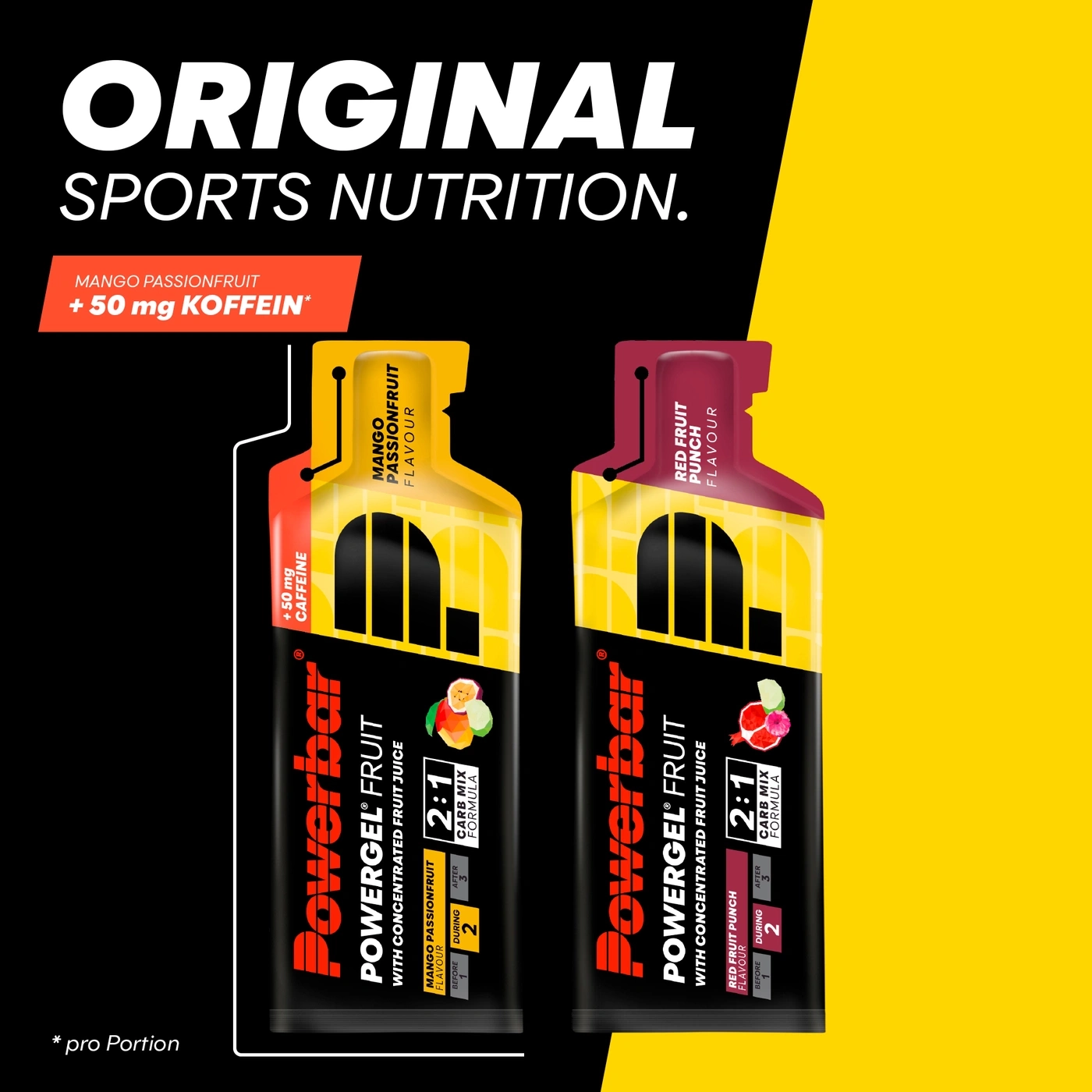 Zwei Powergels mit Fruchtgeschmack, Mango-Passionsfrucht und rotem Fruchtpunsch, auf gelbem und schwarzem Hintergrund.