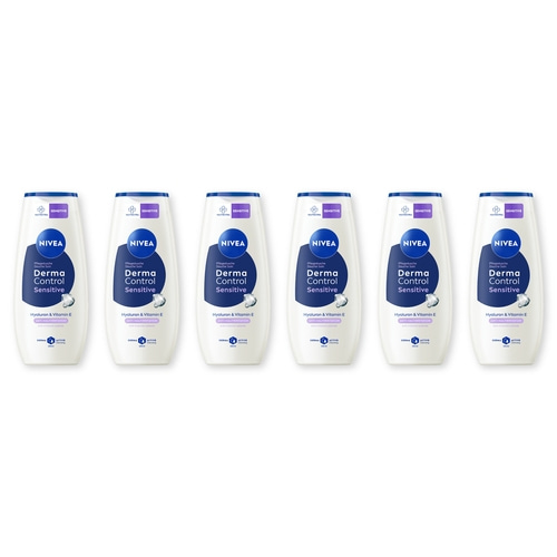 Sechs NIVEA Derma Control Sensitive Duschgelflaschen auf weißem Hintergrund.