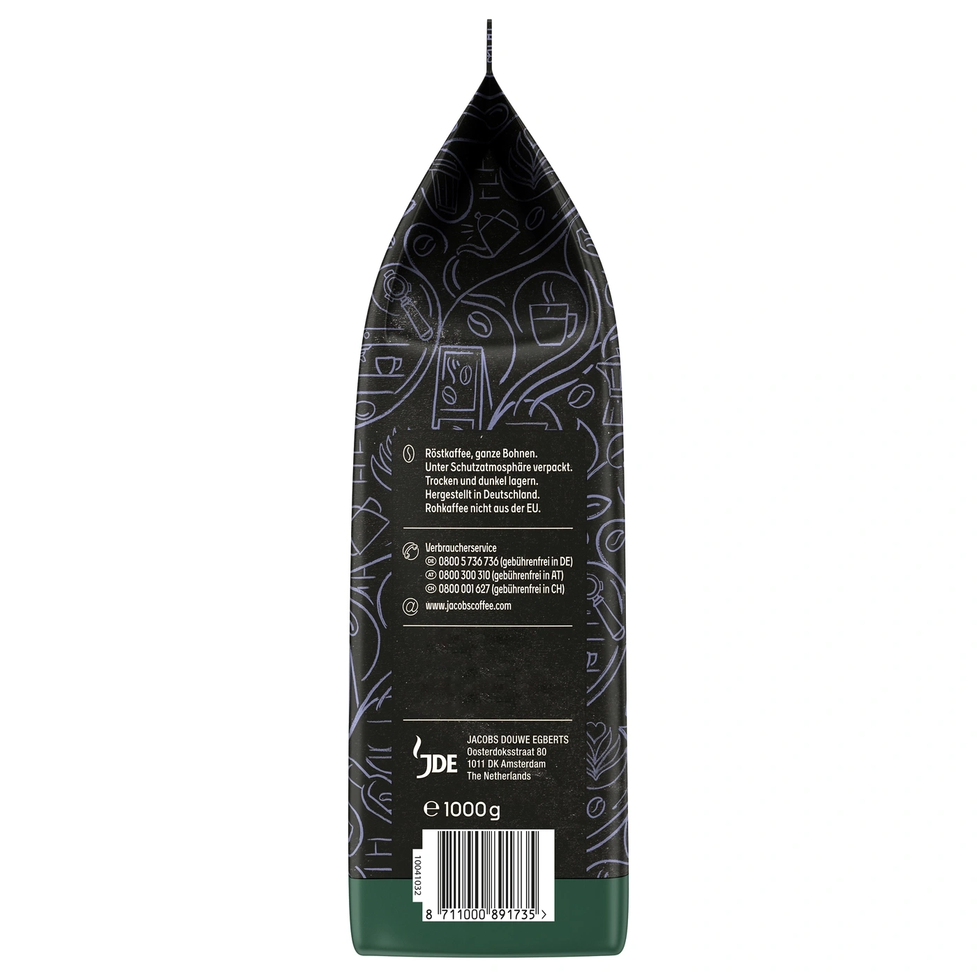 Ein schwarzer Kaffeebeutel mit lila Muster und Produktinformationen.
